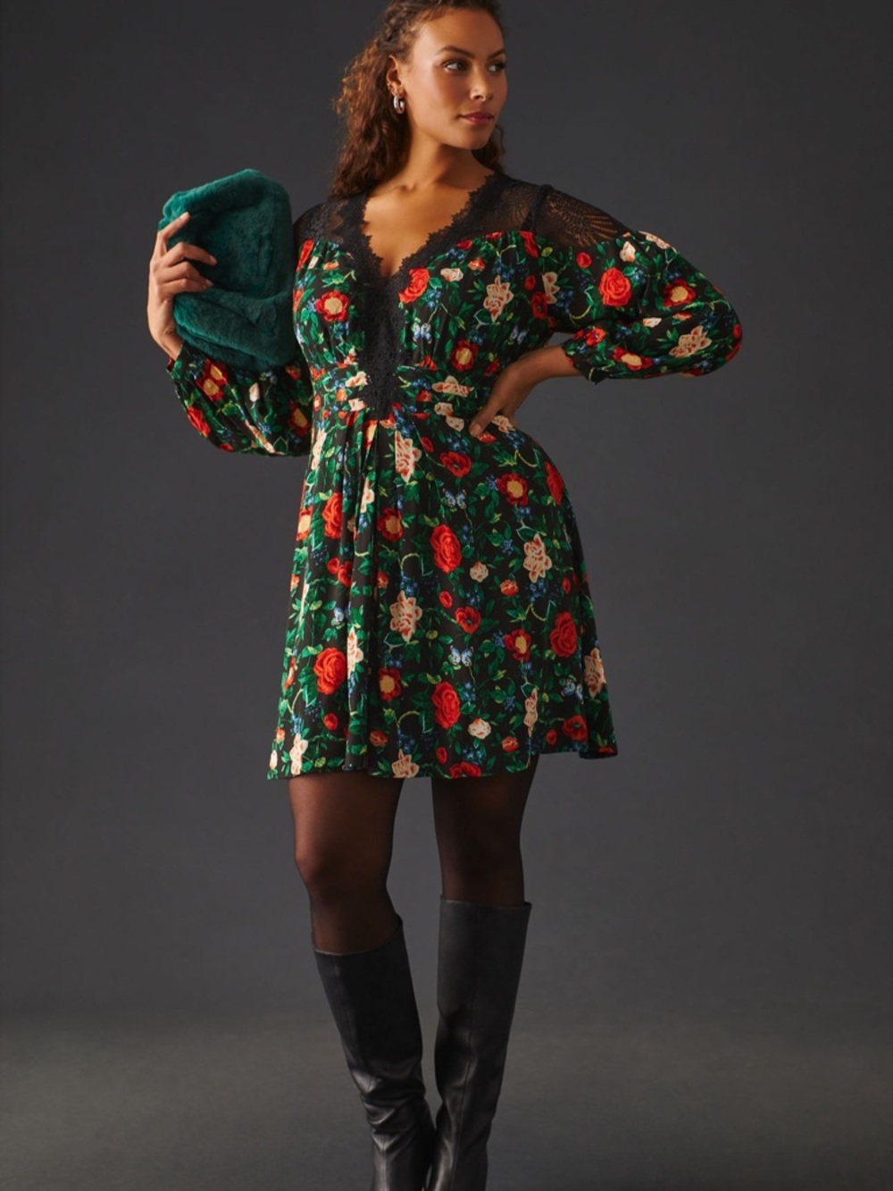 Anthropologie V Neck Mini Dress Black Floral Size 4 - Picture 9 of 16